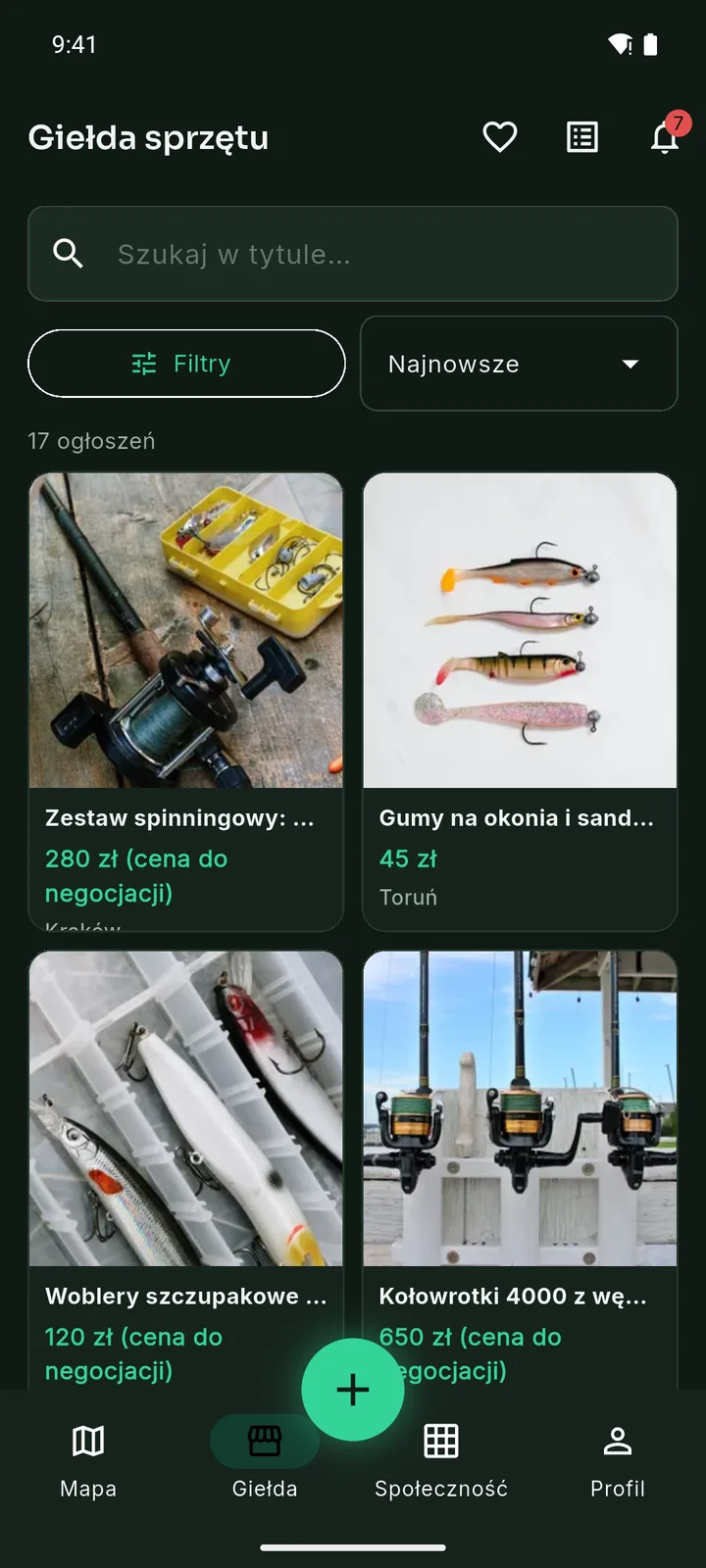 Ekran giełdy w aplikacji Haczyk z ogłoszeniami wędek, kołowrotków i przynęt.