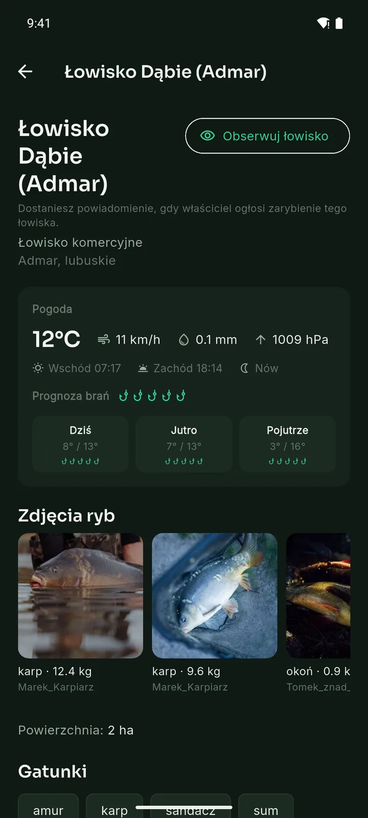 Ekran łowiska w aplikacji Haczyk z kartą pogody i prognozą brań.