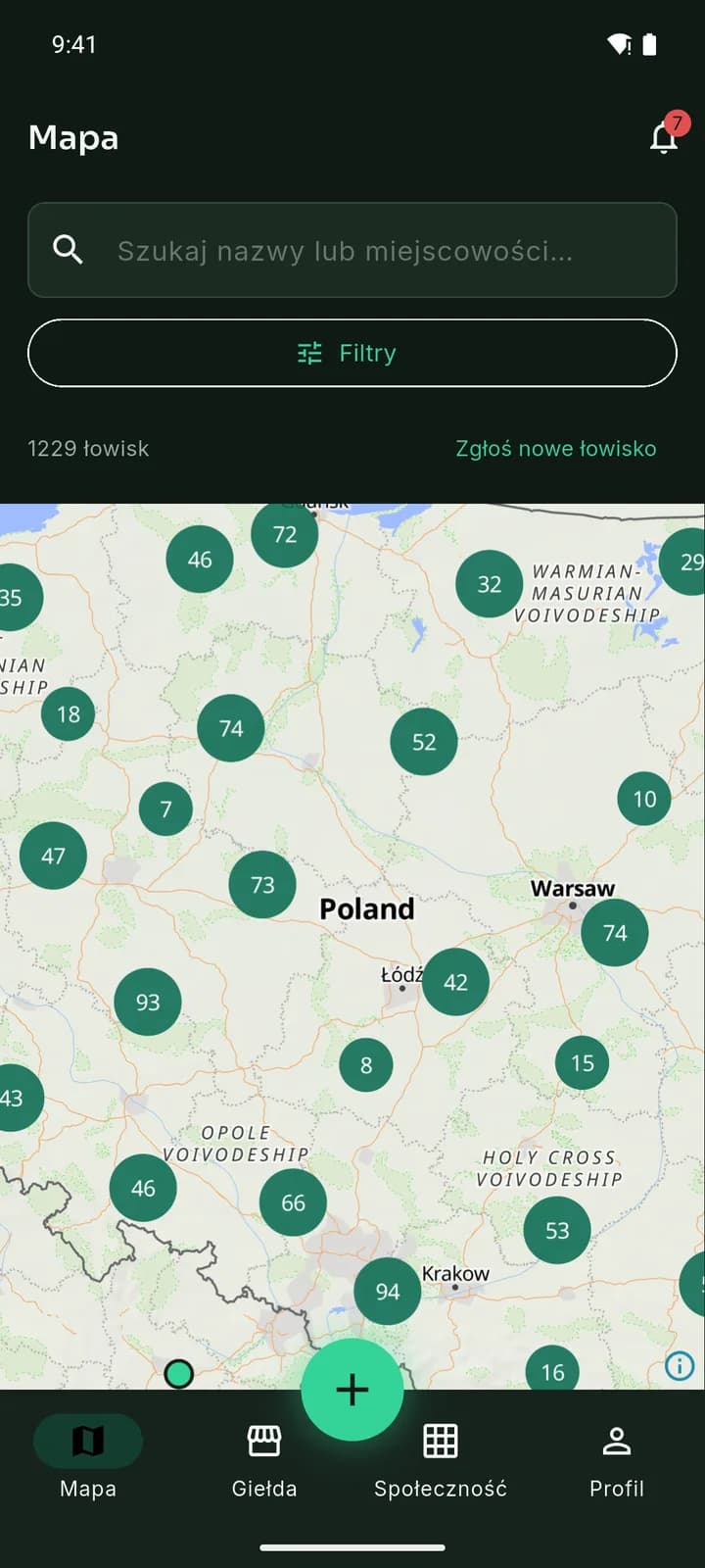 Ekran aplikacji Haczyk z mapą Polski i zgrupowanymi znacznikami łowisk.